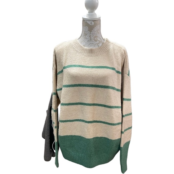 LUSH WOMEN'S SWEATER BEIGE STRIPED RIBBED KNIT PULLOVER Medium - Picture 2 of 10